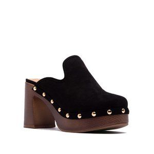 WOMENS STUDDED FAUX WOOD CLOG MULES   Black  Size 7